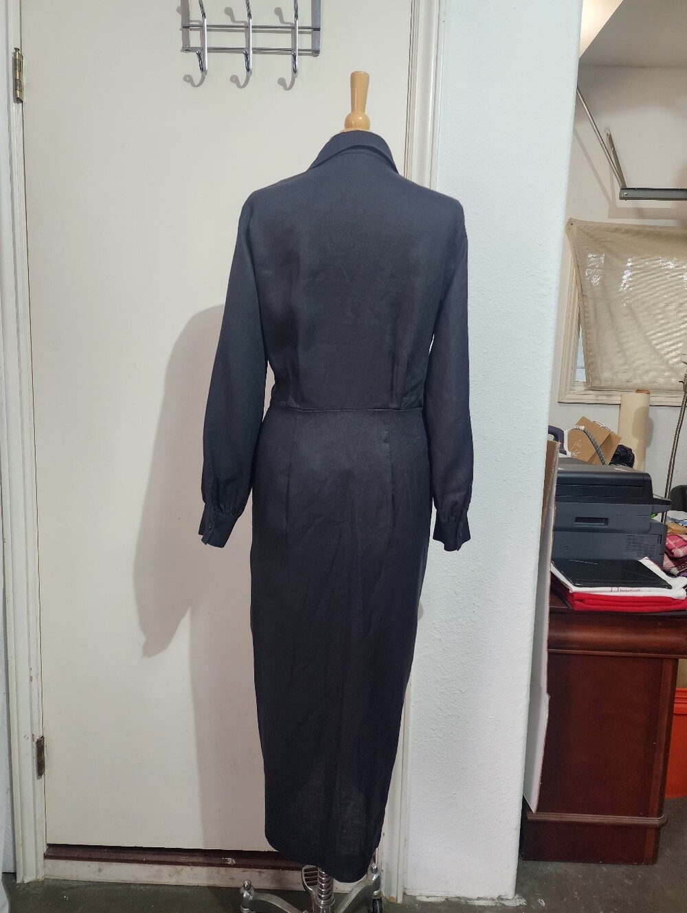 Magaschoni Black Linen Wrap Long Dress Tie Waist Long Sleeve Size 10 - Picture 5 of 12